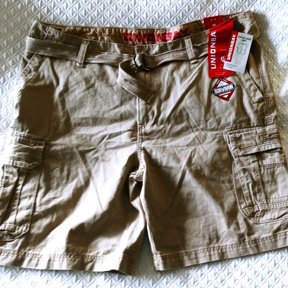 New Men's Unionbay Khaki/Tan Cargo Belted Shorts Sz 46 100% Cotton